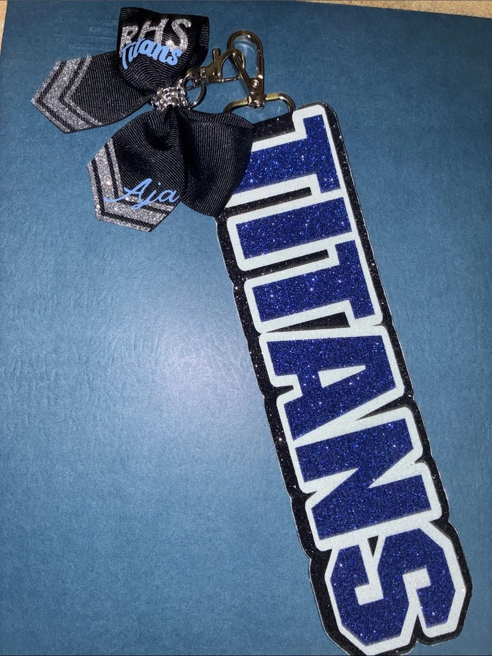 Titan Blue Glitter Name Keychain with Black Bow